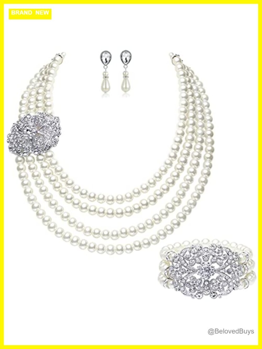 Faux Pearl Necklace Earring Set 4 Strand Crystal Brooch Vintage
